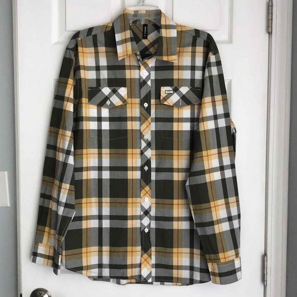 RVCA Olive Green Yellow Black Plaid Button-Down Shirt